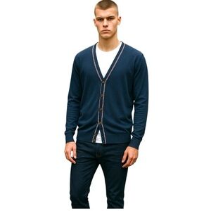 Tommy Hilfiger Blue Knit Cardigan Sweater Wool Blend Sz L Preppy Varsity Hipster